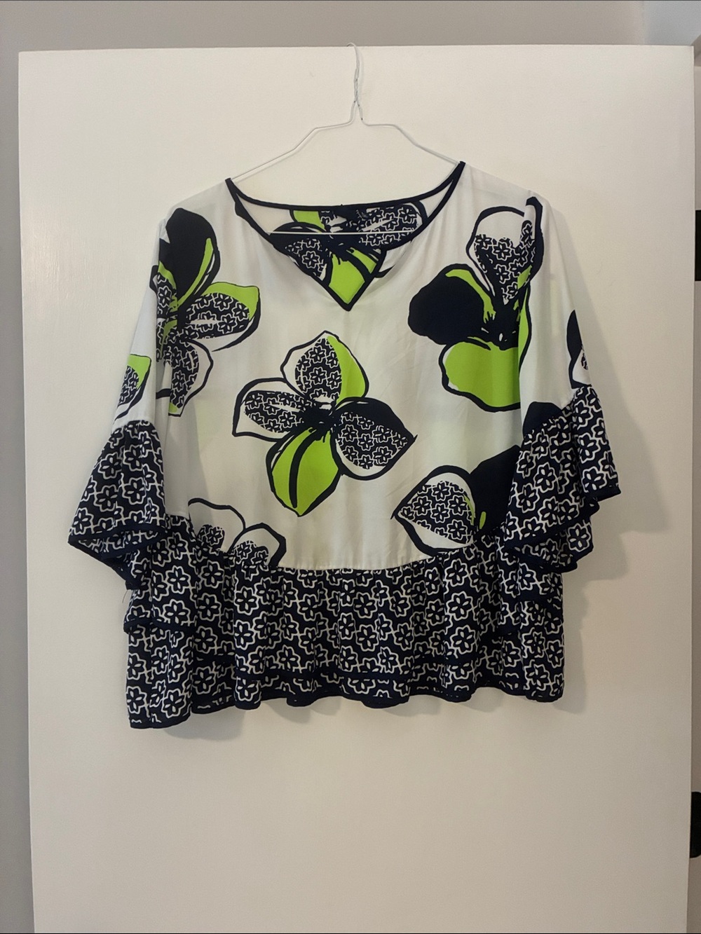 Kaari Blue Floral V-Neck Ruffle Hem Top - White, Black & Lime